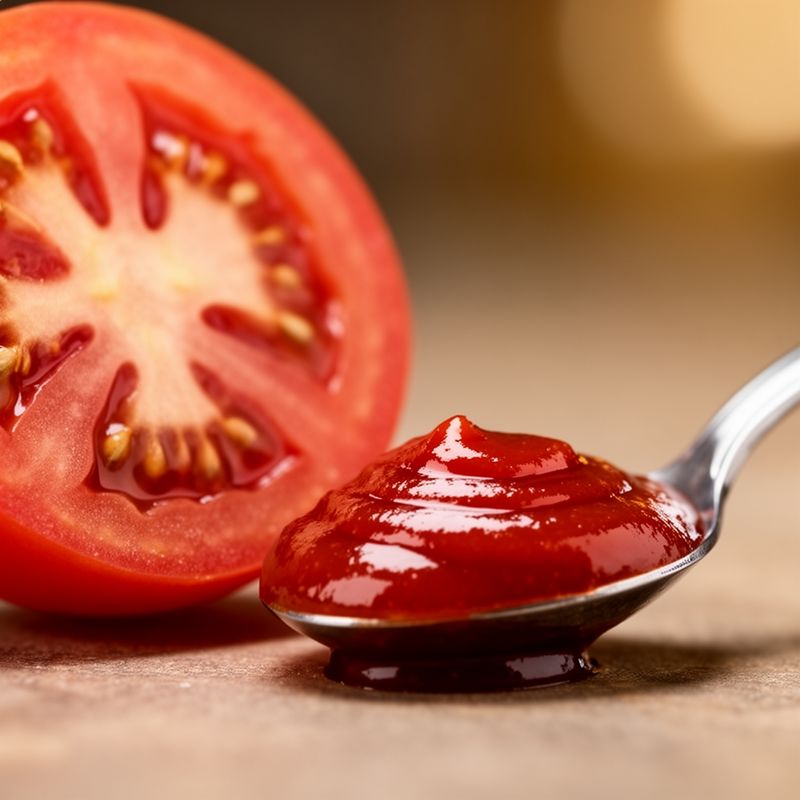 Un pomodoro fresco vs ketchup industriale: la differenza in zuccheri aggiunti è evidente anche a occhio nudo.