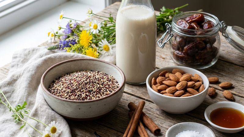 Selezione di ingredienti per Il latte di quinoa.
