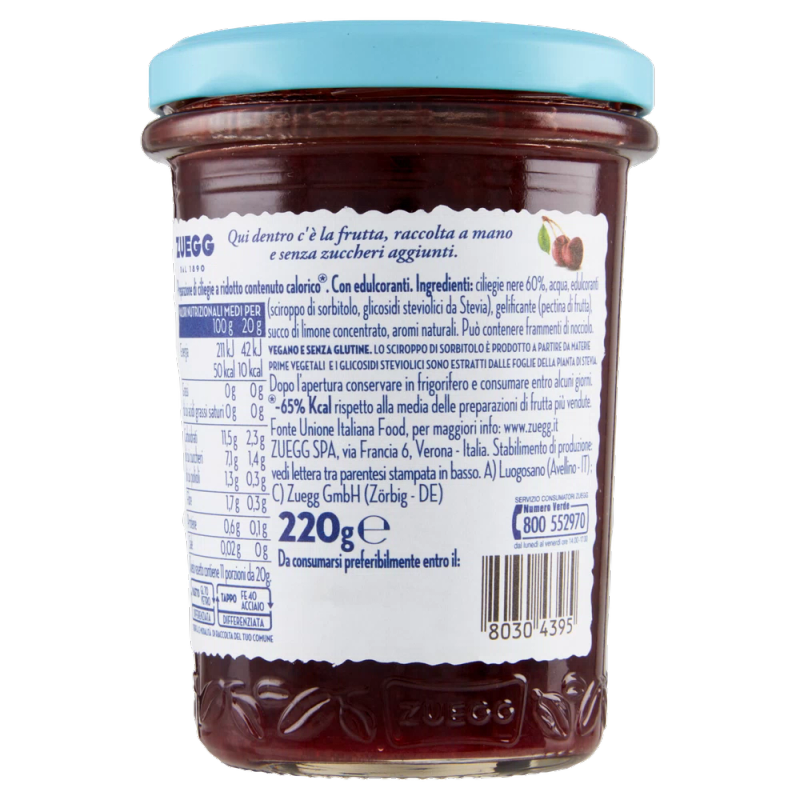 Etichetta nutrizionale della confettura Zuegg senza zuccheri aggiunti.