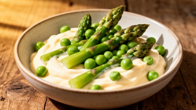 Maionese light con asparagi e piselli: un condimento primaverile leggero e nutriente, pronto per essere servito su bruschette o insalate.