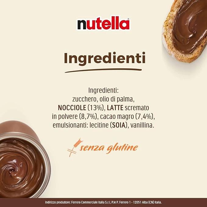 Elenco degli ingredienti della Nutella con un'immagine della crema spalmata su pane e un barattolo di Nutella. Gli ingredienti includono zucchero, olio di palma, 13% di nocciole, 8,7% di latte scremato in polvere, 7,4% di cacao e emulsionanti come lecitina e vanillina. Il prodotto è etichettato come senza glutine.