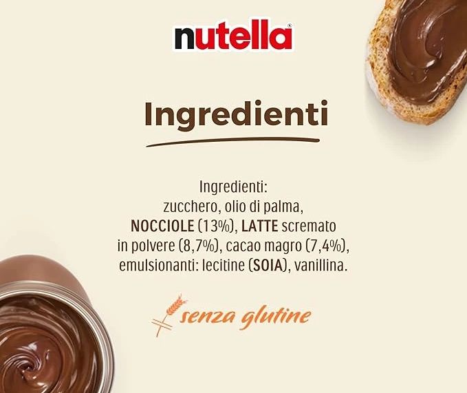 Elenco degli ingredienti della Nutella con un'immagine della crema spalmata su pane e un barattolo di Nutella. Gli ingredienti includono zucchero, olio di palma, 13% di nocciole, 8,7% di latte scremato in polvere, 7,4% di cacao e emulsionanti come lecitina e vanillina. Il prodotto è etichettato come senza glutine.