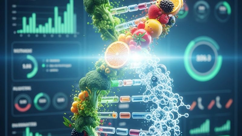 Un doppio filamento di DNA stilizzato, realizzato con una catena di elementi circolari colorati che simboleggiano nutrienti e alimenti vari, sovrapposto a un piatto equilibrato.
