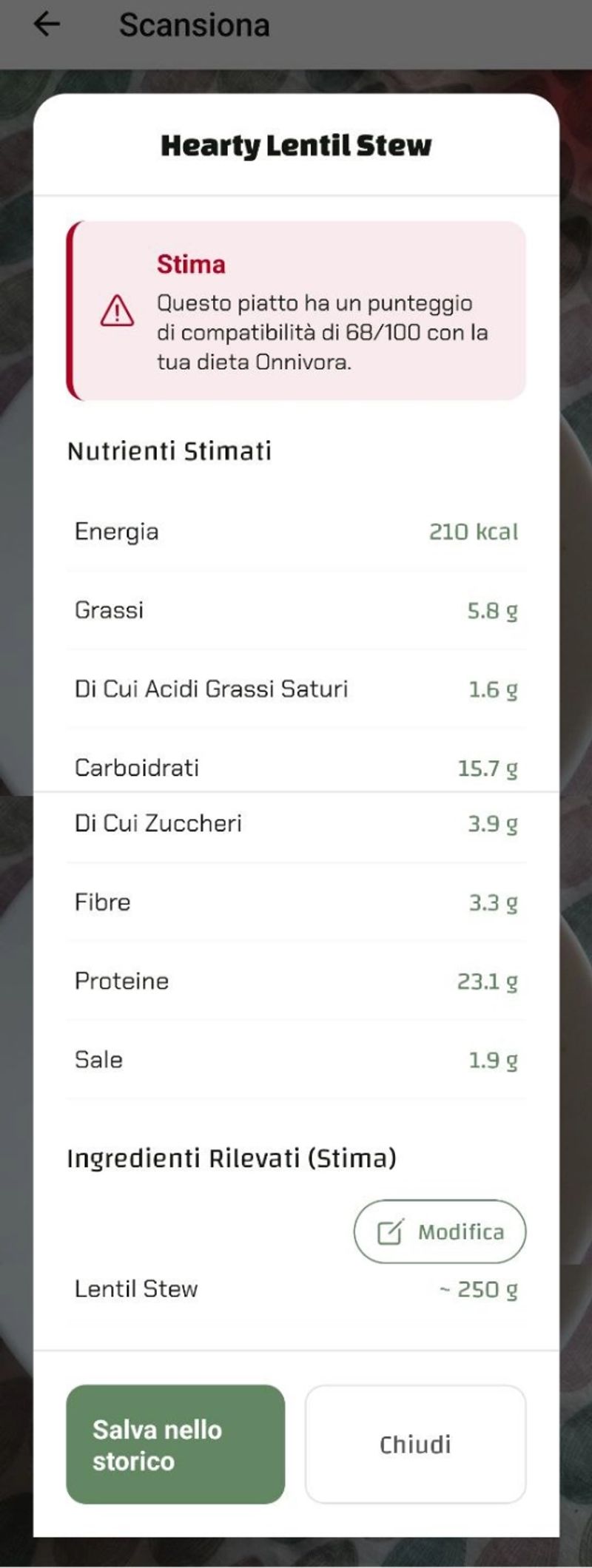 Risultati della stima del piatto su Luminatens che mostra i nutrienti stimati per lo stufato di lenticchie: 210 kcal e 23.1g di proteine.