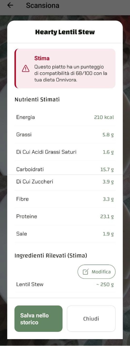 Risultati della stima del piatto su Luminatens che mostra i nutrienti stimati per lo stufato di lenticchie: 210 kcal e 23.1g di proteine.