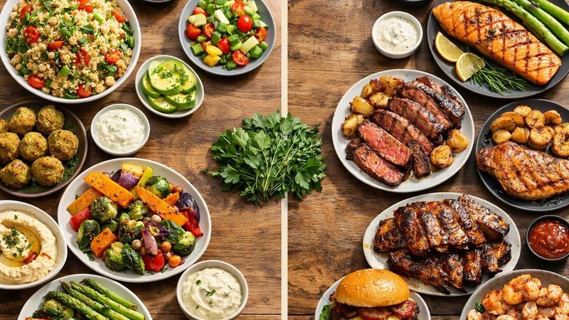 Confronto tra Dieta Vegetariana e Dieta Onnivora con ingredienti freschi.