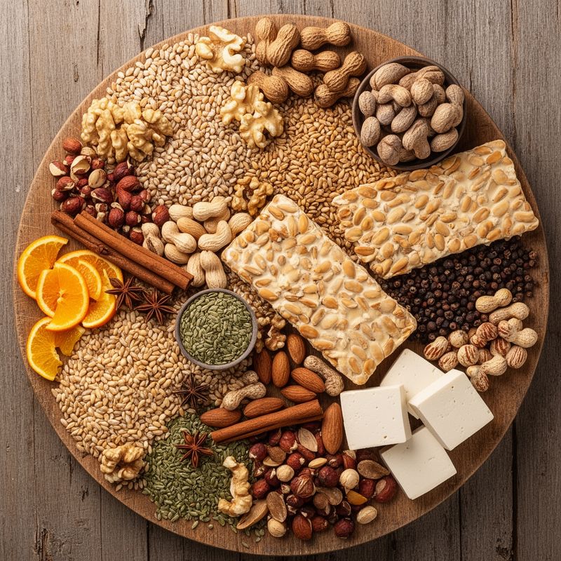 Ingredienti naturali come semi di sesamo , zenzero fresco ed erbe aromatiche pronti per marinare tempeh.