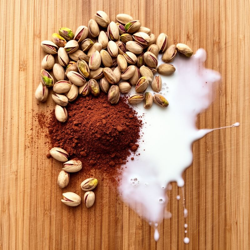 Ingredienti grezzi per la preparazione: pistacchi, cacao in polvere e latte