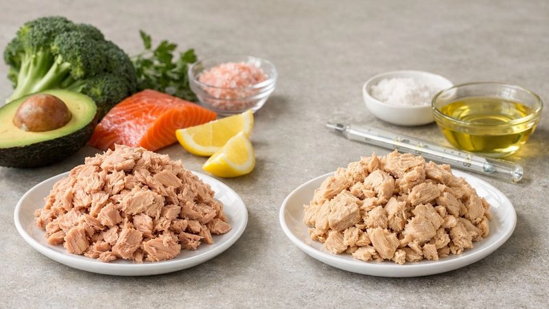 Fresh ingredients for comparing Wild Planet and Safe Catch.