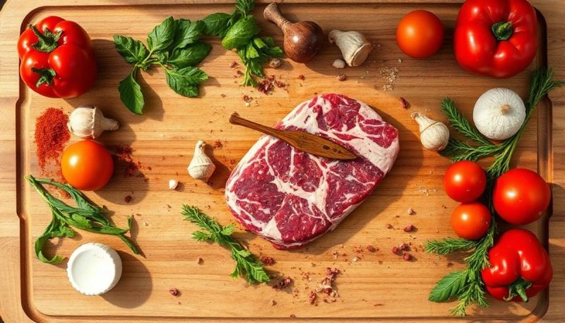 Fresh ingredients for preparing Organic Beef and Chicken.