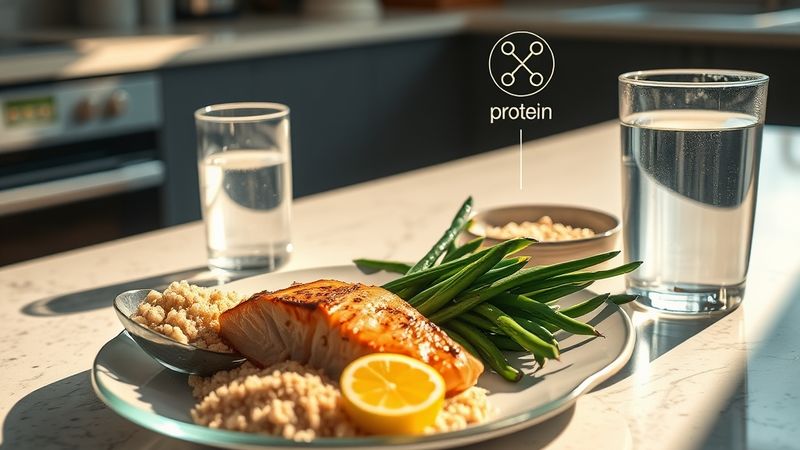 Piatto con alimenti a basso contenuto di fosforo e potassio: riso bianco, mele cotte, pesce bianco e verdure lessate, simbolo di una dieta equilibrata per la salute renale