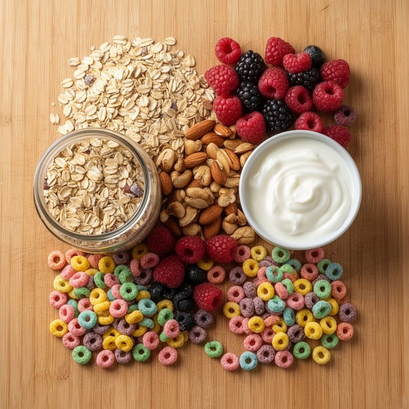 Una colazione equilibrata: avena, frutta fresca e yogurt bianco come alternativa ai cereali zuccherati.