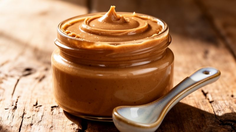 A bowl of creamy peanut butter with a wooden spoon, shot in warm, natural light