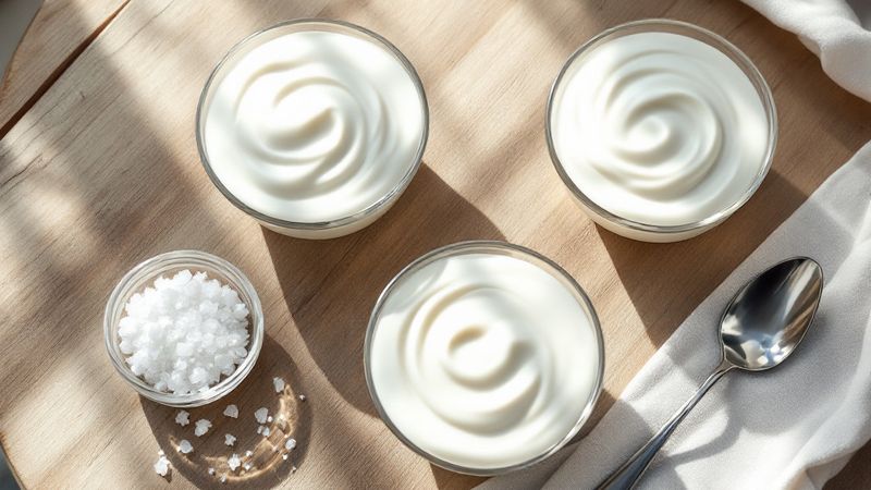 Illustrazione generata con AI: coppette di yogurt con cristalli di zucchero su tavolo di legno