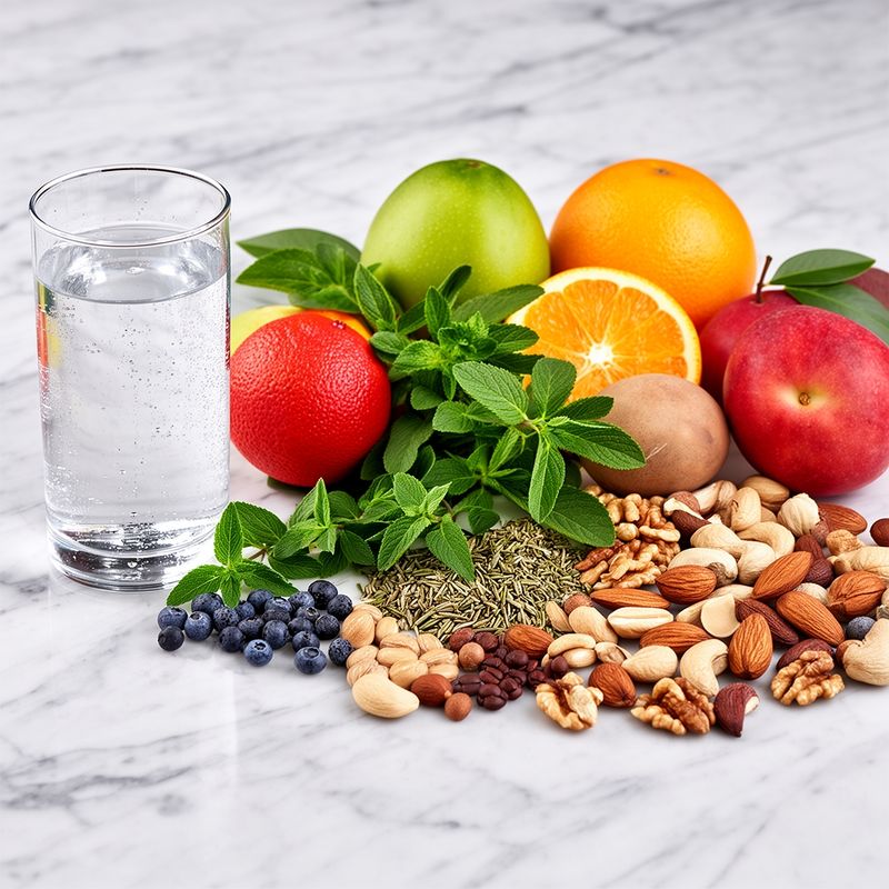Ingredienti freschi accanto al bicchiere d'acqua, per un pasto equilibrato