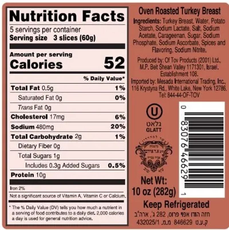 American Nutrition Facts Label for Roasted Turkey Breast.