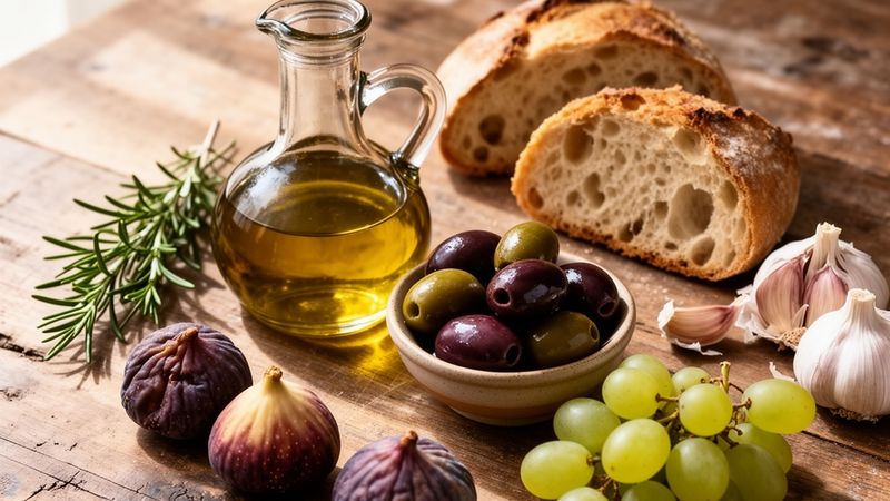 Una bella selezione di ingredienti per Olio extravergine d'oliva nella dieta mediterranea.