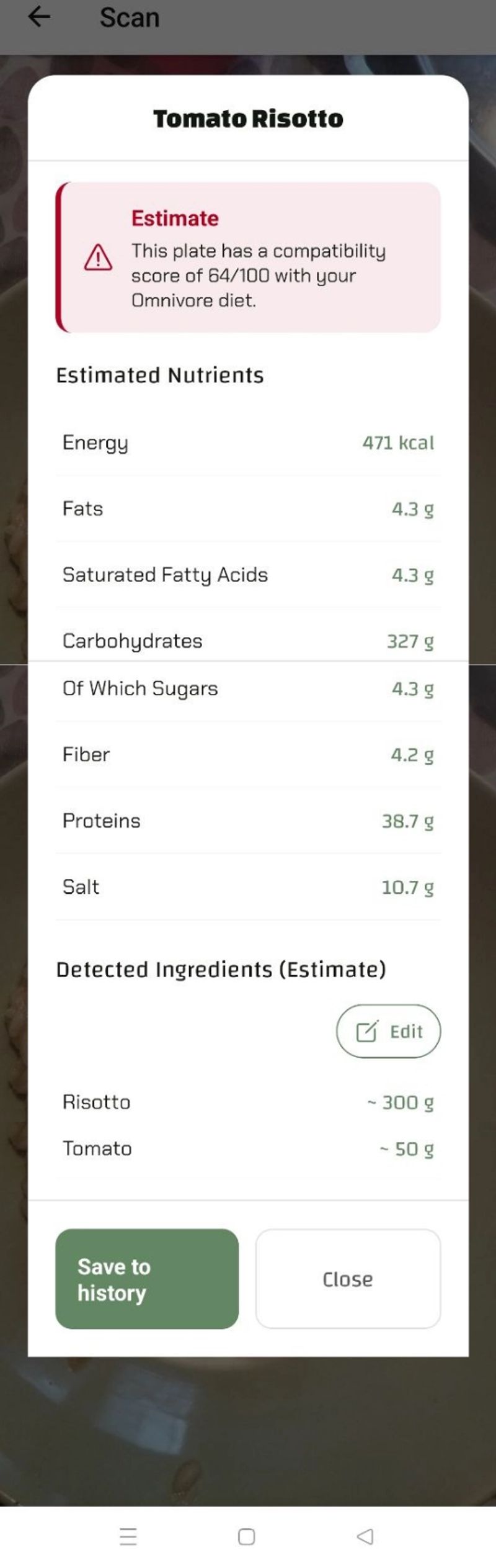 Scan results for tomato risotto in the Luminatens app, showing an estimate of 471 kcal and 38.7g of protein.