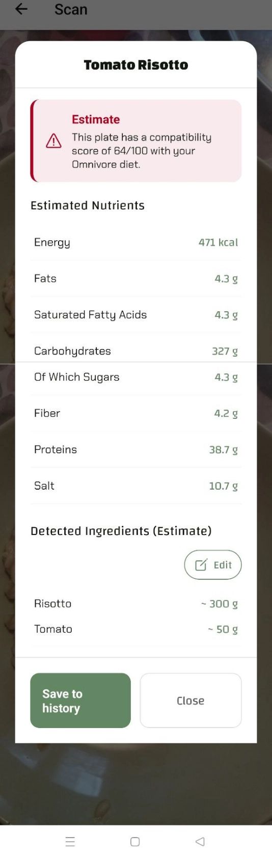 Scan results for tomato risotto in the Luminatens app, showing an estimate of 471 kcal and 38.7g of protein.