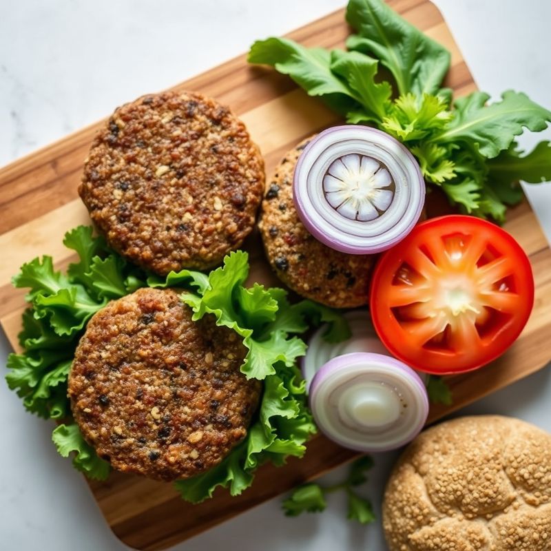 Plant-based burger ingredients including patty, lettuce, tomato, onion and whole-grain bun.