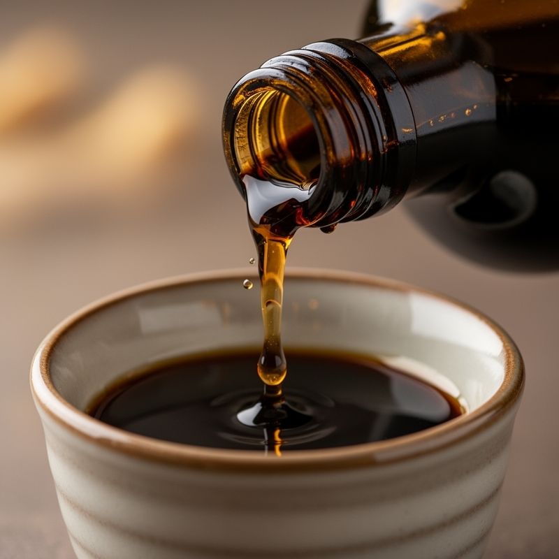 Un dettaglio del tamari versato: la sua consistenza densa e il colore intenso rivelano la ricchezza di sapore e la fermentazione prolungata.