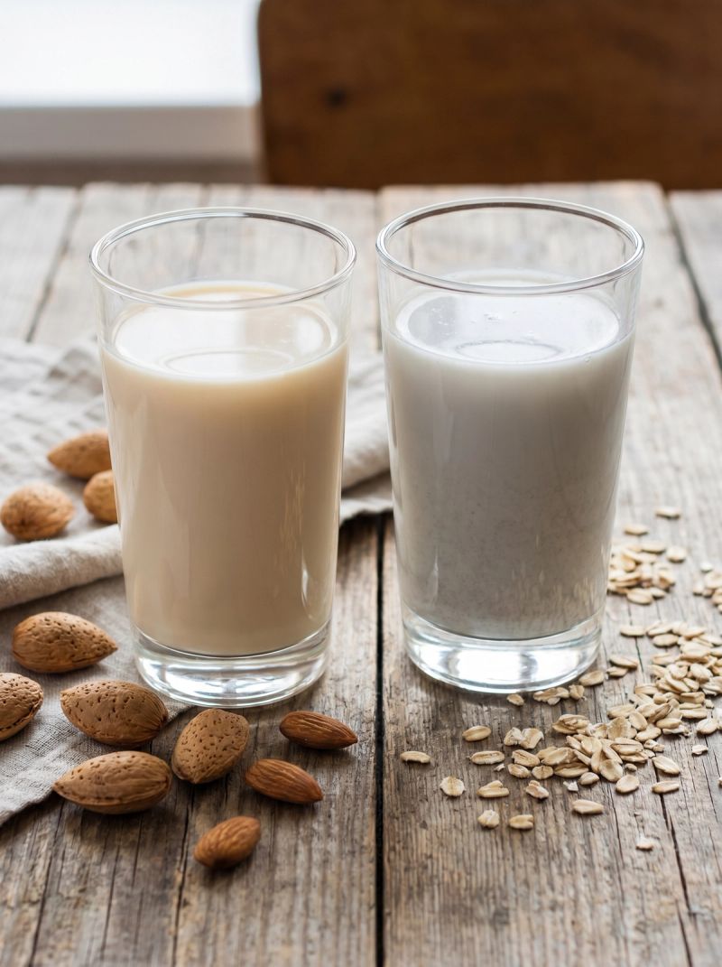 Fresh ingredients for preparing Almond Milk and Oat Milk.