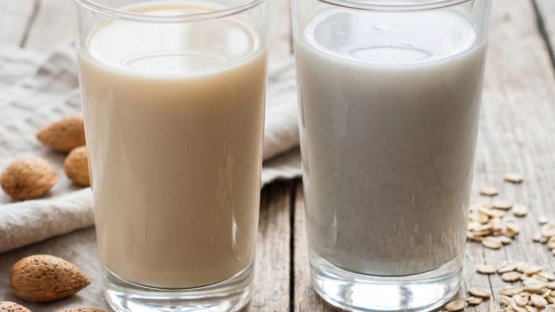 Confronto tra Latte di Mandorla e Latte di Avena con ingredienti freschi.