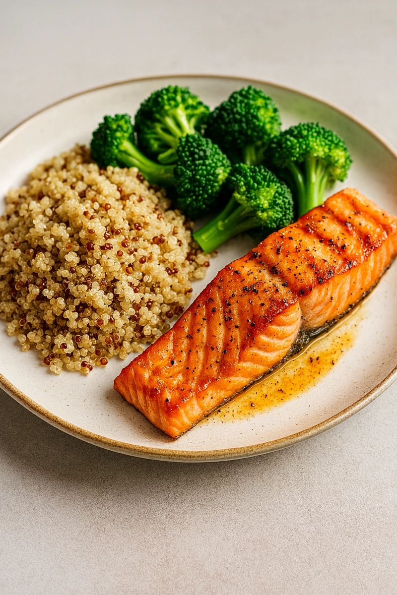 Piatto bilanciato con salmone alla griglia, quinoa e broccoli su piatto ceramico, pasto energetico e proteico.