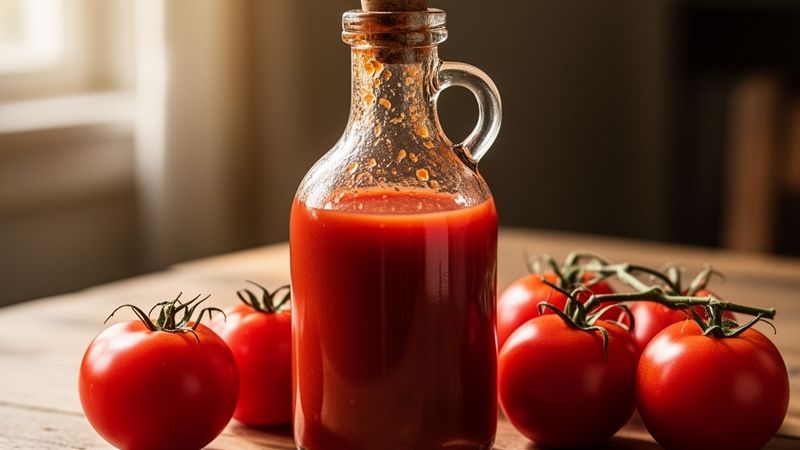 Heinz and Annie's ketchup with fresh tomatoes and herbs on a wooden table
