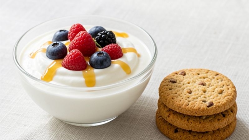 Skyr bowl with berries beside whole-grain biscuits