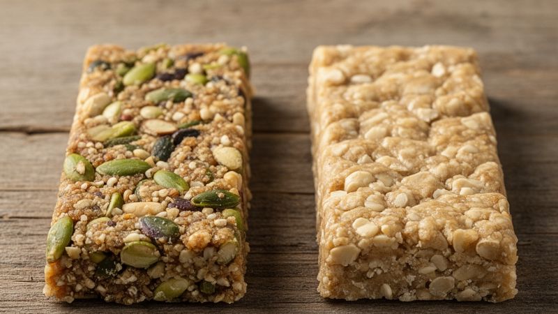 Barrette proteiche MyProtein Vegan Blend e Quest Whey Bar pronte per essere gustate su un tavolo rustico.