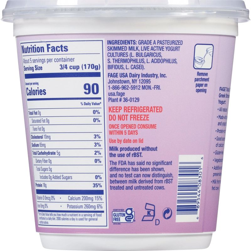 Nutrition label of FAGE 0% Fat Greek Yogurt showing 18g protein per 170g serving, 0g fat, and probiotic cultures listed in ingredients.
