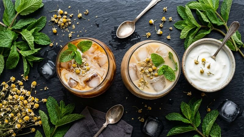 Two iced herbal tea glasses with different milk bases, mint leaves and chamomile flowers on a slate surface