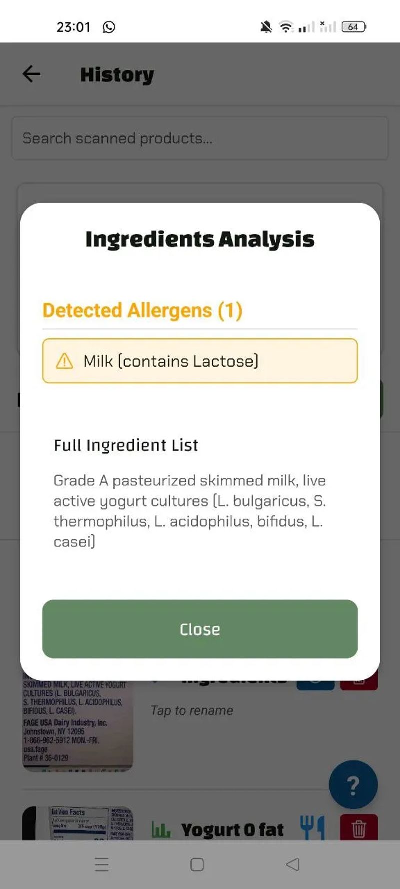 App screenshot detecting milk allergen in FAGE yogurt ingredients, listing probiotic strains like L. bulgaricus and S. thermophilus.