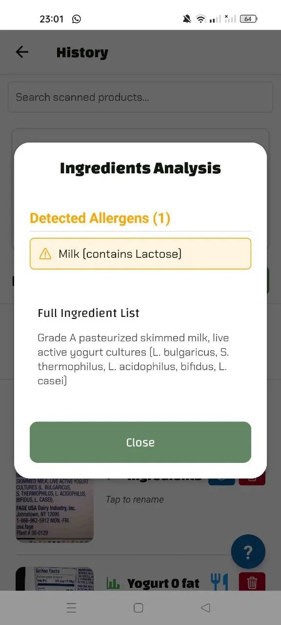 App screenshot detecting milk allergen in FAGE yogurt ingredients, listing probiotic strains like L. bulgaricus and S. thermophilus.