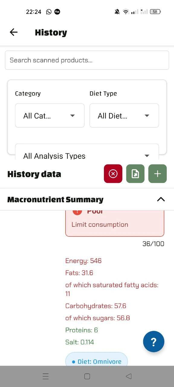 A screenshot from the Luminatens app history, showing Nutella with a score of 36/100. The values for sugars and saturated fats are colored red, while proteins and salt are green.