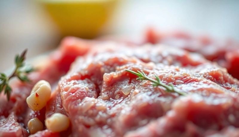 Close-up detail comparing the texture of Organic Beef and Chicken.
