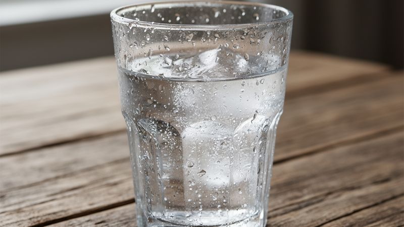 Bicchiere di acqua minerale su tavolo rustico, pronto per essere gustato