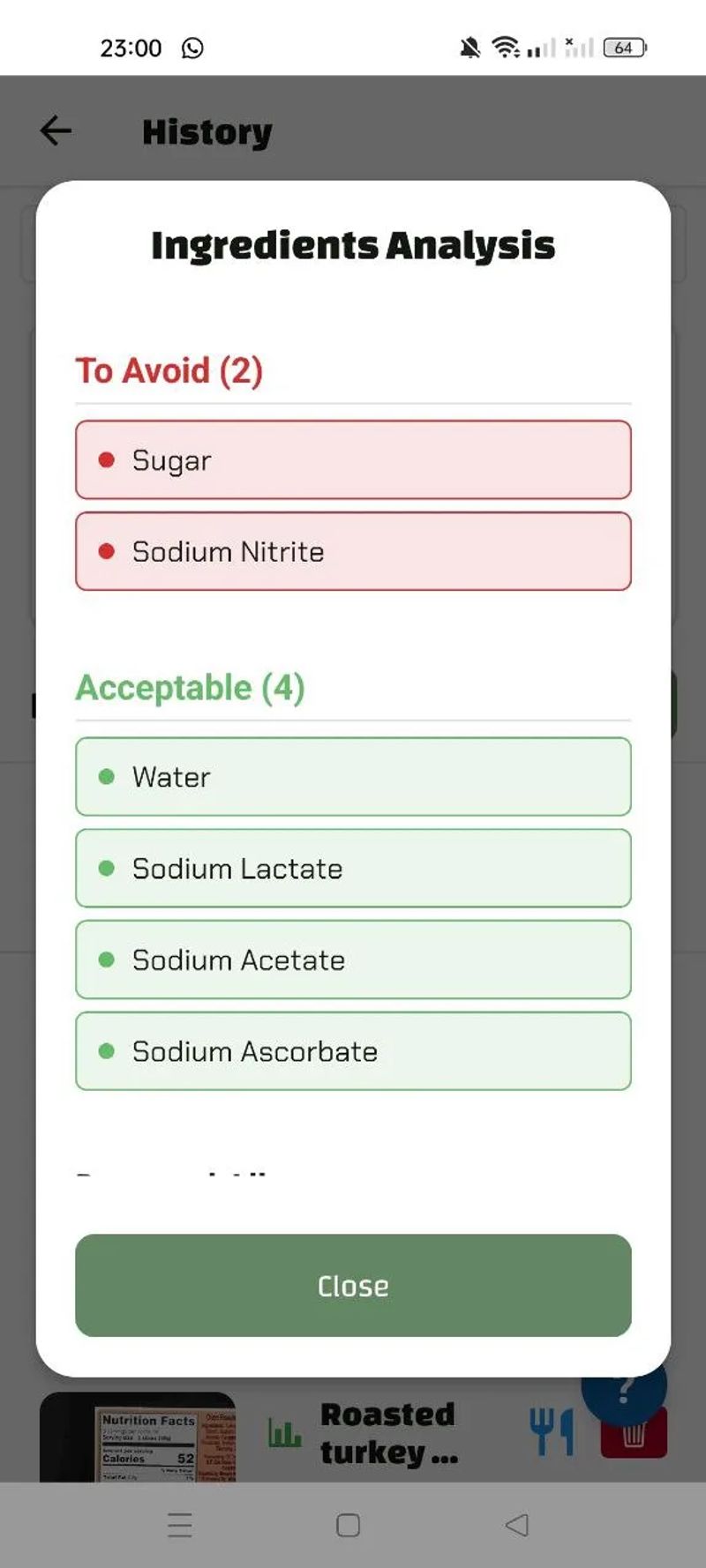 Luminatens app ingredients analysis for turkey breast showing 2 flagged ingredients (sugar, sodium nitrite) and 4 acceptable components including sodium ascorbate.
