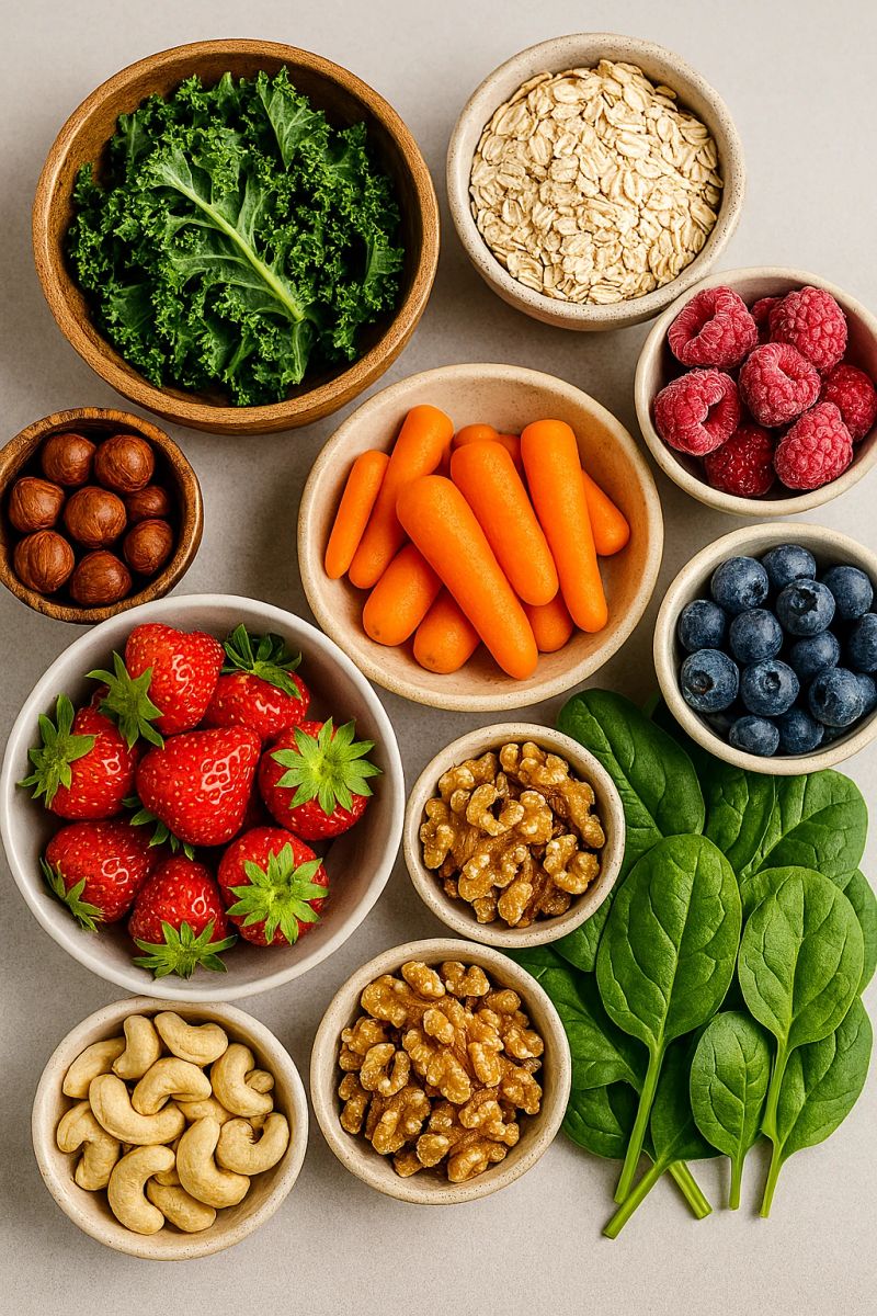Selezione colorata di alimenti energetici: frutta secca, avena, bacche, carote e verdure a foglia verde in ciotole.