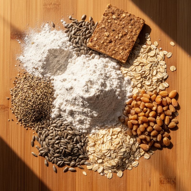 Ingredienti grezzi per crackers integrali disposti in stile flat lay su tagliere di legno: farina, semi, avena e nuclei di girasole