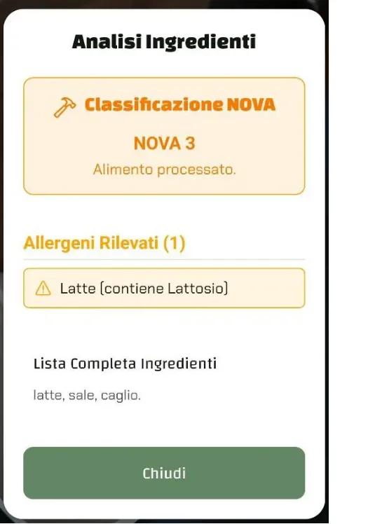 Schermata dell'app con analisi degli ingredienti del Parmigiano: classificato come NOVA 3 (alimento processato). Contiene allergeni (latte e lattosio). Ingredienti: latte, sale, caglio.