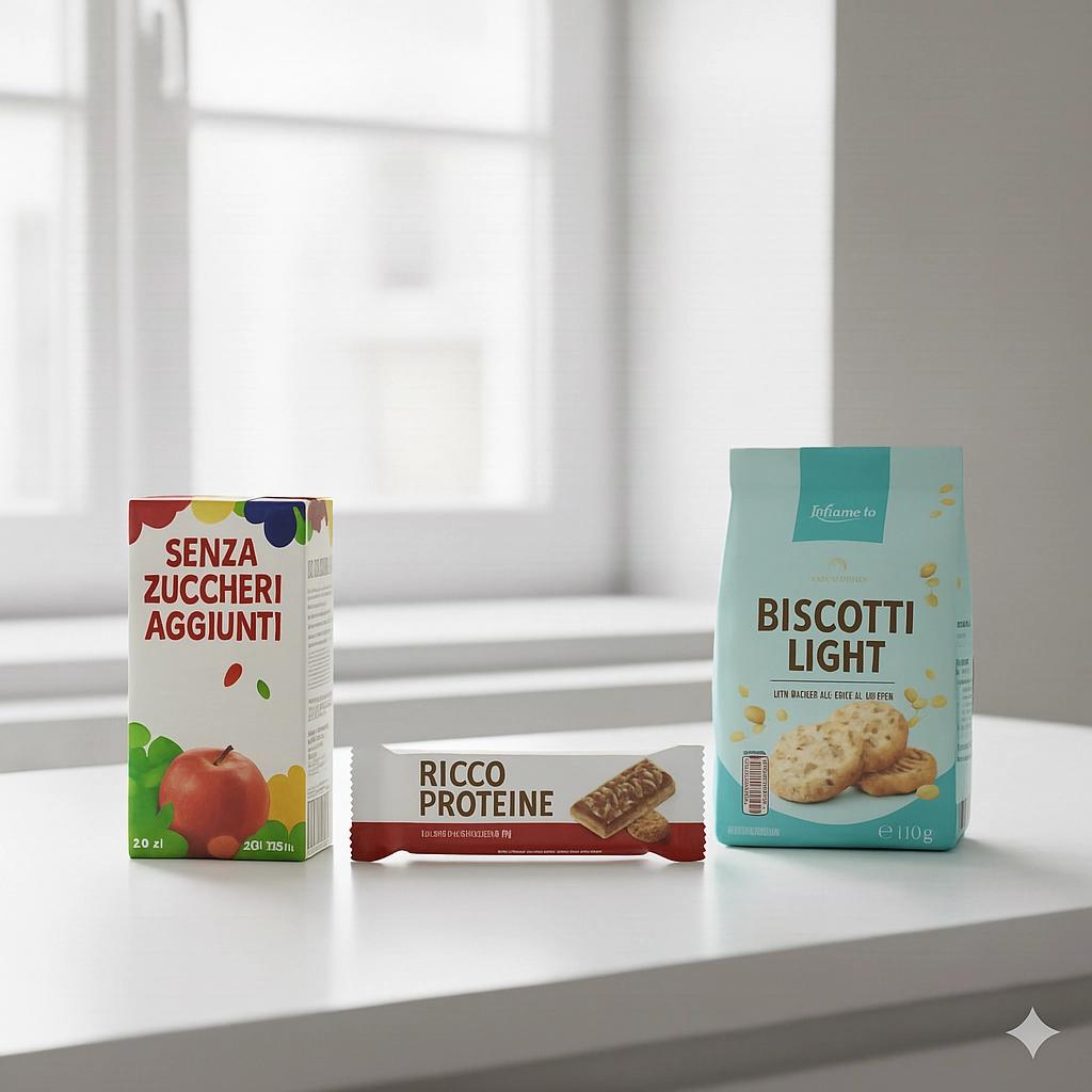 Tre prodotti alimentari con claim salutistici: a sinistra un succo 'SENZA ZUCCHERI AGGIUNTI', al centro una barretta 'RICCO DI PROTEINE', a destra biscotti 'LIGHT con farina di avena e gocce di cioccolato.