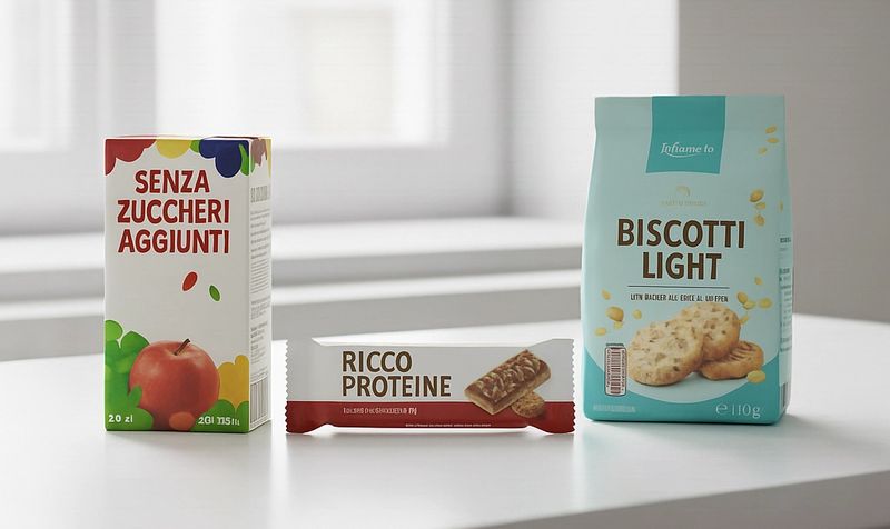 Tre prodotti alimentari con claim salutistici: a sinistra un succo 'SENZA ZUCCHERI AGGIUNTI', al centro una barretta 'RICCO DI PROTEINE', a destra biscotti 'LIGHT con farina di avena e gocce di cioccolato.