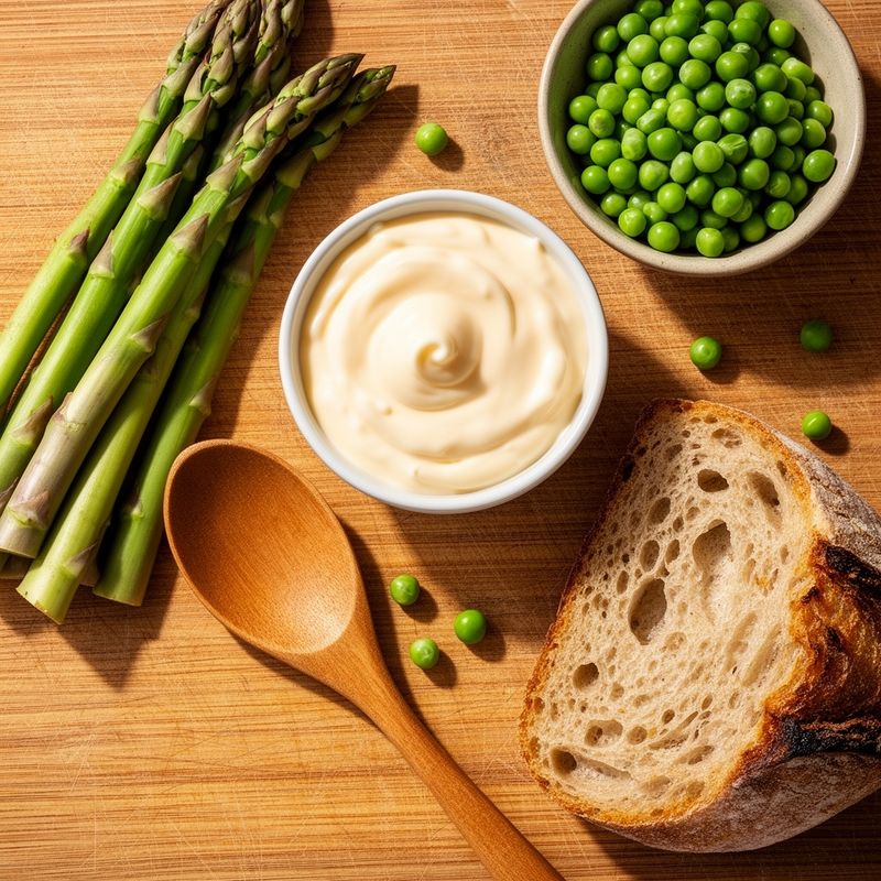 Gli ingredienti base per preparare la maionese light con asparagi e piselli: freschezza e semplicità per un condimento sano e gustoso.