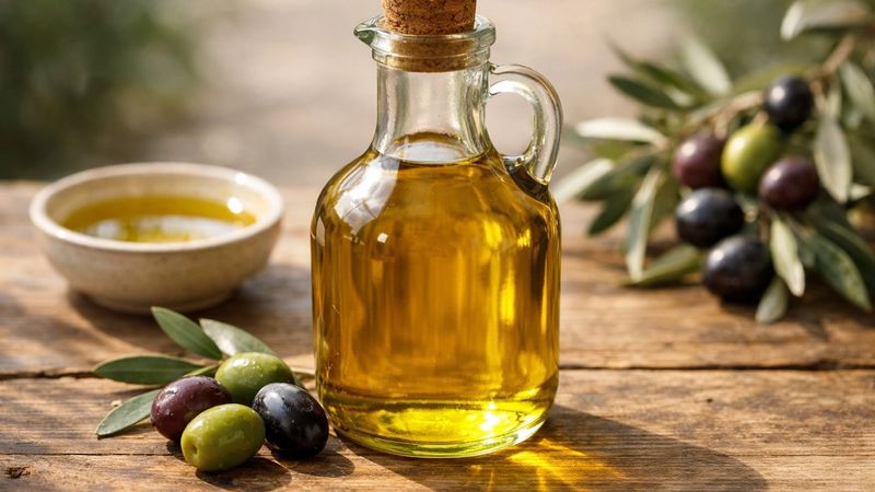 Confronto tra Olio di oliva e olio di girasole con ingredienti freschi.