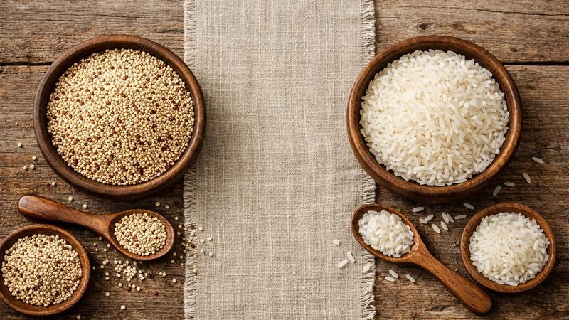 Fresh ingredients for comparing Quinoa and Rice.