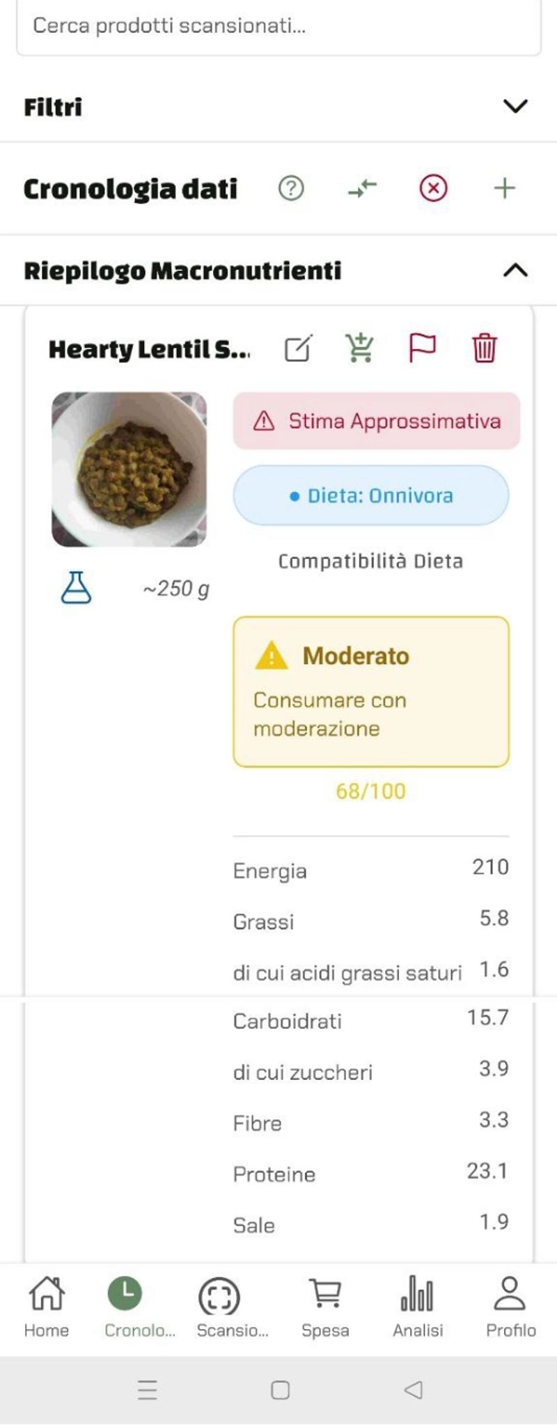 Piatto di lenticchie salvato nella cronologia dati di Luminatens con un punteggio di compatibilità con la dieta di 68/100, classificato come "Moderato".