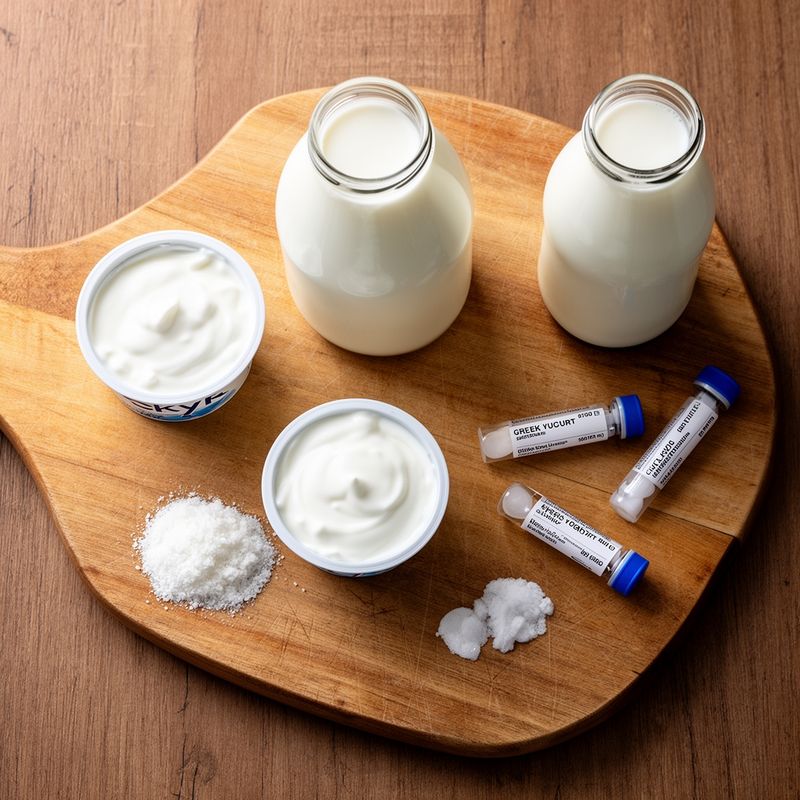 An overhead view displays fresh ingredients for homemade yogurt: whole milk, berries, and a culture jar on a marble countertop.