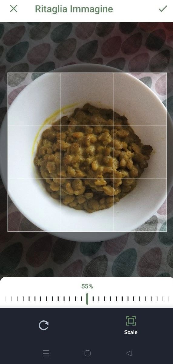 Schermata dell'app Luminatens che mostra la funzione di ritaglio di una foto di uno stufato di lenticchie, prima dell'analisi nutrizionale.